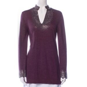 Tory Burch Plum Purple Merino Wool Silver Studded V-neck‎ Sweater Size Small